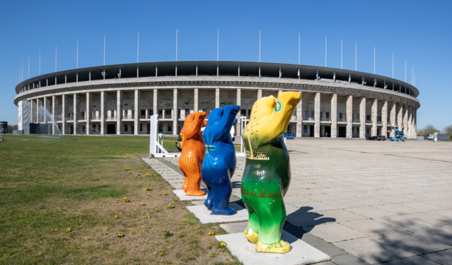Statues of Berlin bears outside the Olympic Stadium in the capital.