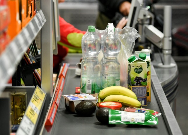 Groceries at the checkout. Almost all shops are closed in Germany on Sundays. 