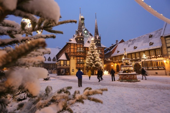 Christmas lights in Wernigerode in early January 2021, Saxony-Anhalt.