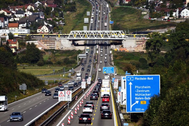Traffic on Autobahn 8 near Pforzheim Ost in Baden-Württemberg. Some sections of the Autobahn have no speed limit in Germany.