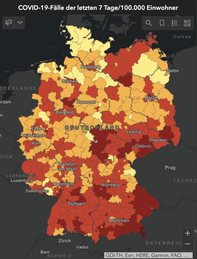 Germany map shows districts with Covid cases per 100,000 people within seven days. 
