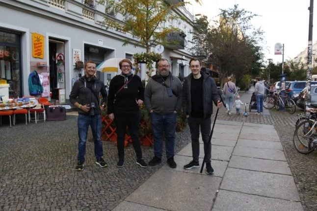 The Easy German team Chris Thornberry, Carina Schmid, Janusz Hamerski and Manuel Salmann in Prenzlauer Berg, Berlin.
