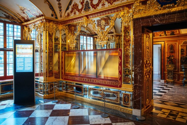 The robbed display case in the Jewel Room of the Historic Green Vault in the Residence Palace in Dresden.